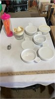 Corning ware bowls with lids, plastic silverware