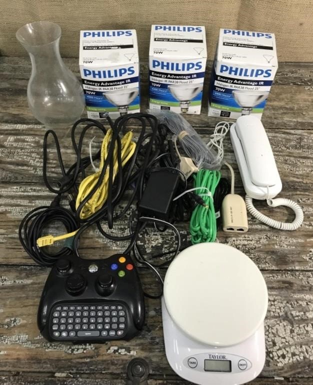 Boxed Lot Light Bulbs, Assorted Cords, Phone,