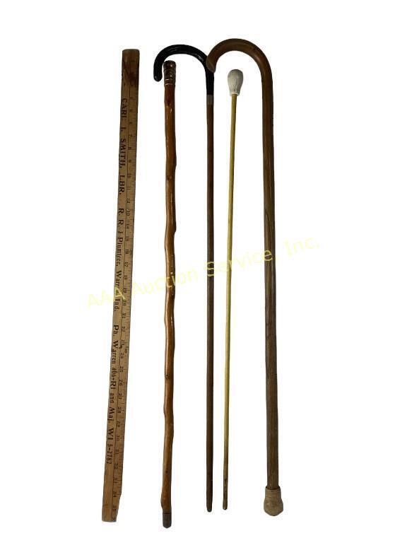 4 Wooden canes  Wooden cane with gold style top,