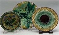 3 Majolica Decorative Plates W/ Stands