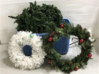 Tote of assorted Christmas wreaths & prelit tree