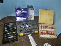 Box of router bits & 2 drill bit kits