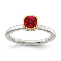 Sterling Silver- 14 Kt Cushion Created Ruby Ring