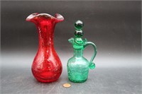 Blenko-Style Crackle Art Glass Vase & Oil Bottle