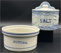 Antique Stoneware Butter Crock & Salt Box