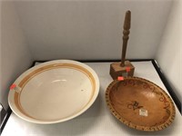 Wooden Mallet, Wooden Bowl, & Ceramic Bowl