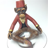 Wooden Fez Monkey Scupture W/ Glass Bowl