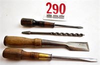 4 Winchester tools, 2 screwdrivers, chisel,