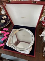 CARTIER PEWTER ROUND TRAY W DUSTBAG & BOX