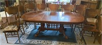 Carved Oak Extendable Leaf Dining Table with 8