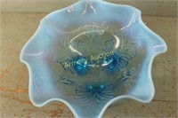 DUGAN BLUE OPALESCENT PALM & SCROLL 3 FOOTED