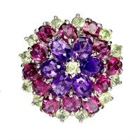 Natural Amethyst  Peridot Rhodolite Garnet Ring