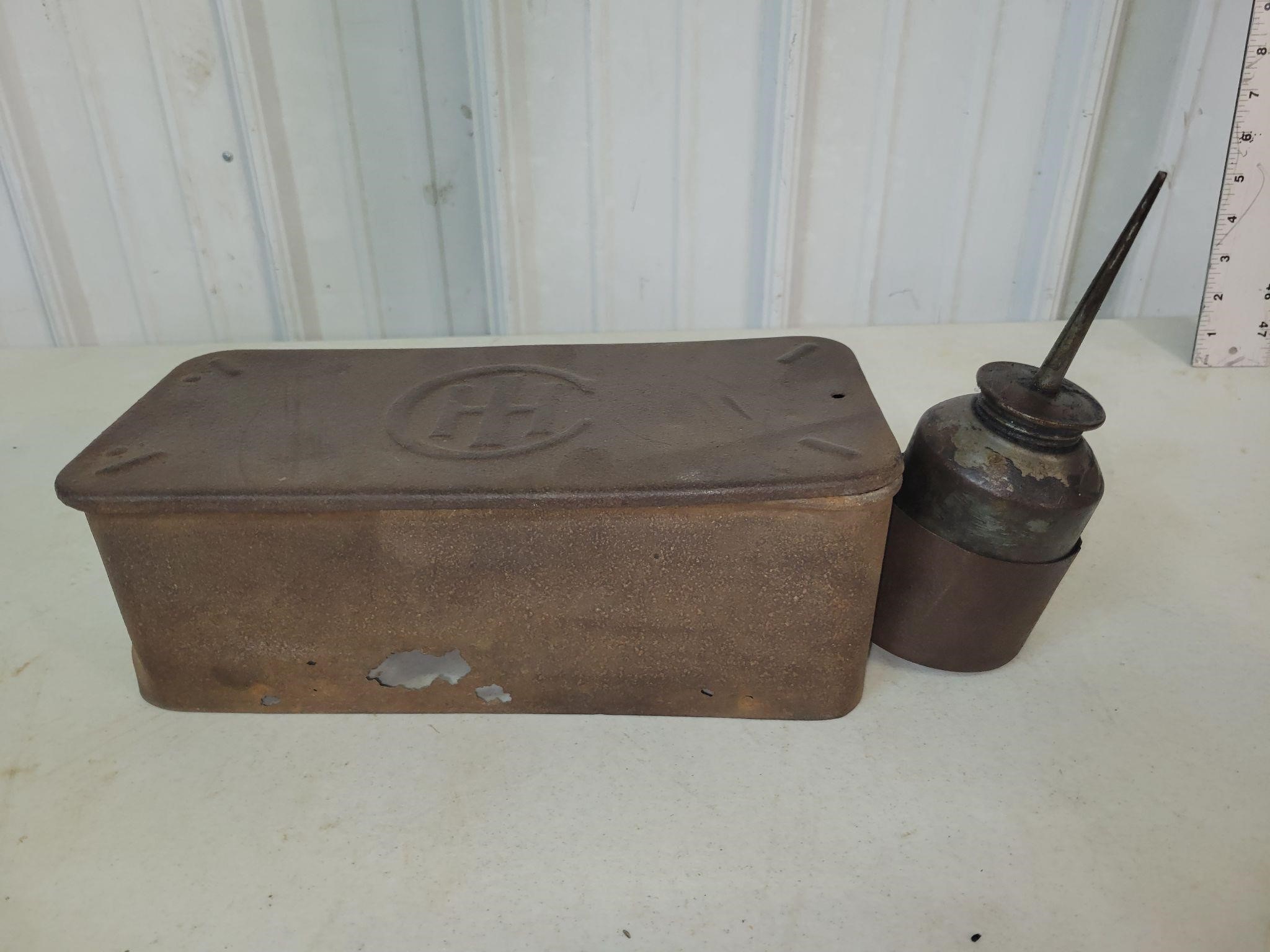 antique IH tool box and oil can