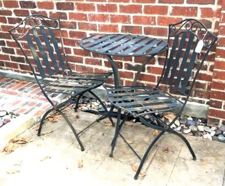 Metal Strap Patio Bistro Table & Two Chairs