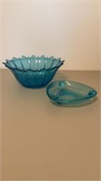 Vintage Blue Pressed Glass Bowl with Blue Ashtray