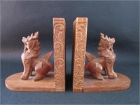 Wood Carved Dragon Bookends 6.25"H x 4"W x 6"D