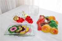 LOT  OF COASTERS, GLASS GRAPES, ETC.