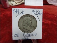 1949D Franklin 90% silver Half dollar US coin.
