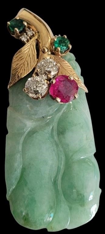 CARVED JADE AND 14KT GOLD PENDANT WITH DIAMONDS