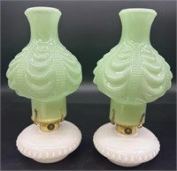 2 Antique Coolidge Green Opaque Drape Oil Lamps