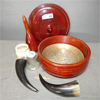 Wood Turned Bowl, Horn, Stoneware, Etc