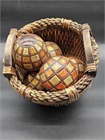 5- Ceramic Tile Balls in Wood Handled Woven Basket