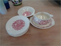 RED & WHITE DISHES - 1 BOWL, 6 SAUCERS & GRAVY