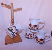 1970's mushrooms: 4 ceramic mugs & stand -