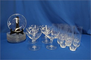 Crystal with etched design, ten 6" plates, six