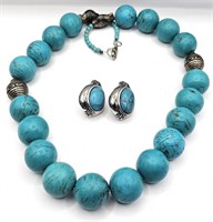 Turquoise Colored Beaded Necklace & Earrings