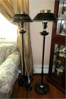 Lot, stenciled metal lamps, 2 floor lamps,