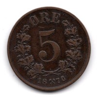 1876 Norway 5 Ore Coin