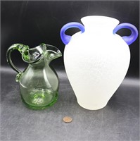 Frosted Cobalt Vase & Blown Green Glass Pitcher
