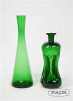 Green Pinched Glass Decanter and Holmgaard Vase