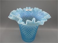 6 Fenton blue opal Hobnail 9" ruffled vase