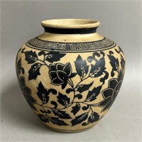 Diminutive Black Floral Asian Pottery Vase