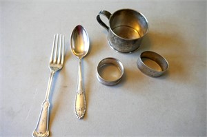 Sterling Silver Cup, Napkin Rings, Fork & Spoon