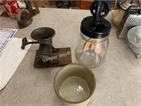 Butter churn, meat grinder, stoneware lid