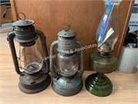 2) Antique lanterns, oil lamp and oil lamp base