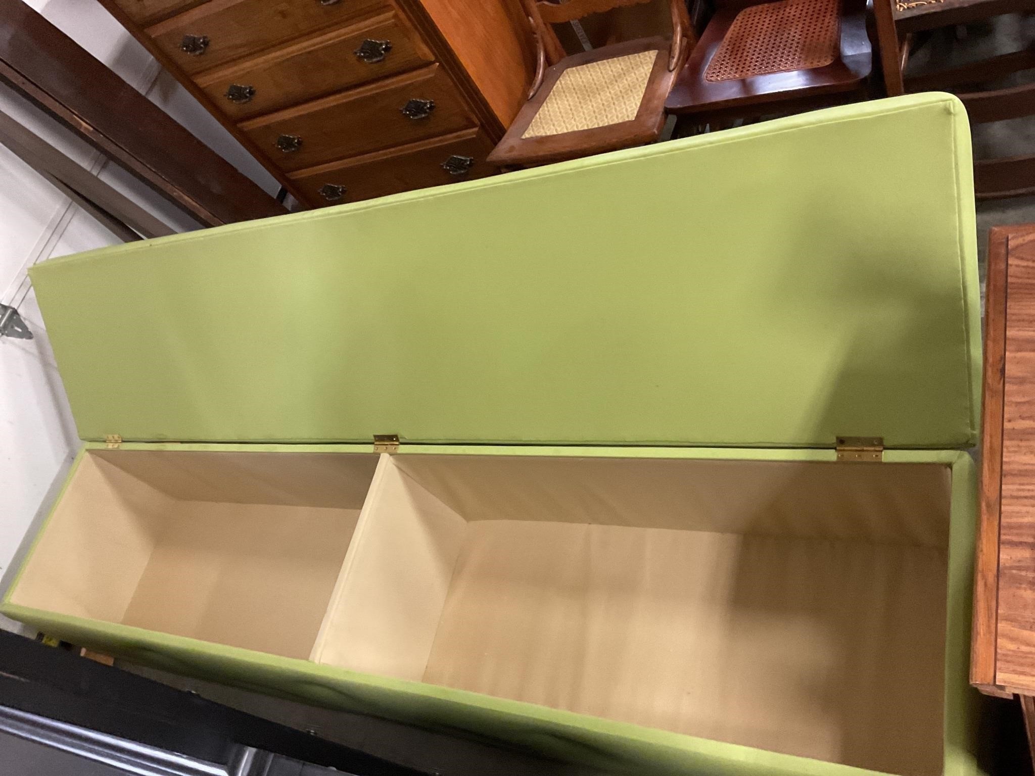 84” by 19” by 18.5” green bench with storage
