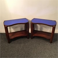 PAIR DECO PEANUT SHAPED SIDE TABLE BLUE GLASS TOP