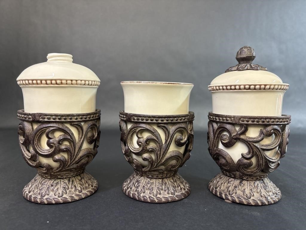 Three Ceramic Jars on Metal Holders