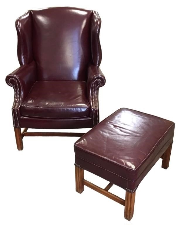 Chippendale Style Leather Wing Chair & Footstool