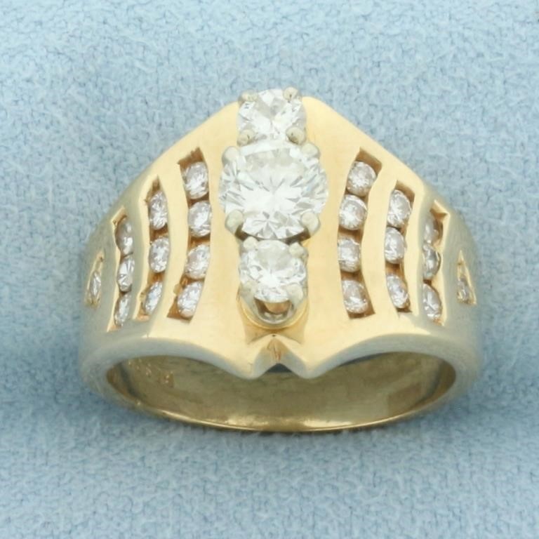 Vertical Diamond 3 Stone Ring in 14k Yellow Gold