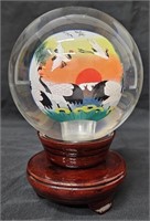 Reverse Painted Signed Glass Ball w Storks Stand