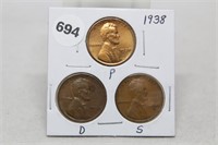 1938 P,D,S Cents-XF