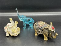 Great Assortment 3 Elephant Trinket Boxes & Glass