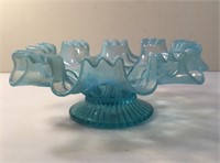 TEAL OPALESCENT RUFFLED FOOTED GLASS BOWL