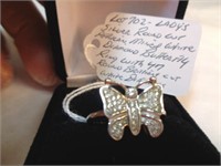 SILVER ROUND  CUT DIAMOND BUTTER FLY RING