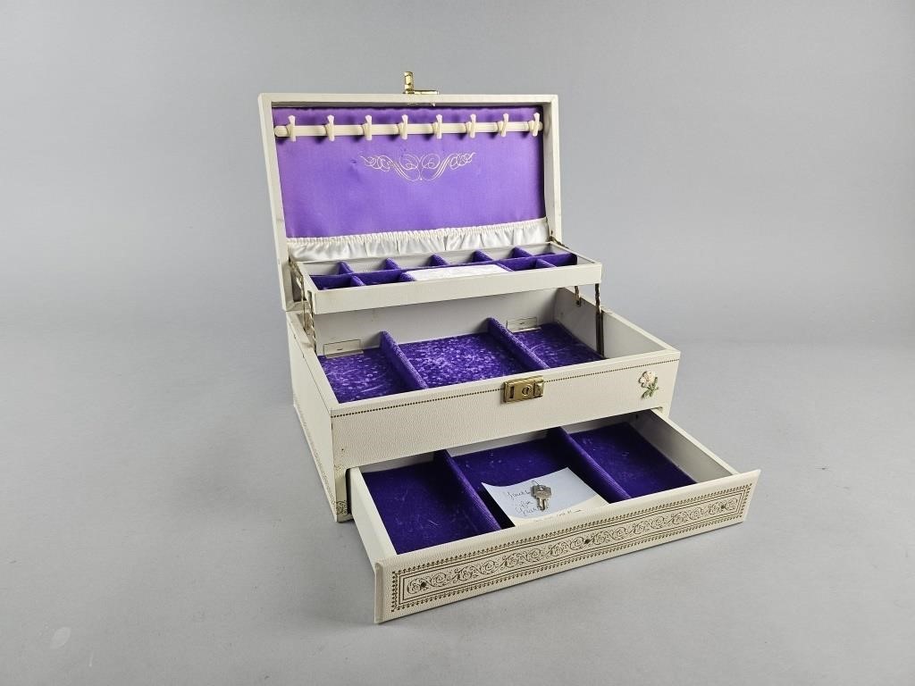 Vintage Mele Purple Lined Jewelry Box W/ Key!